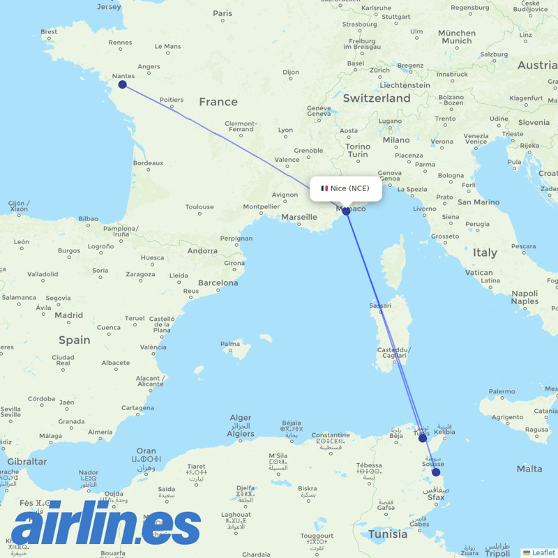 Transavia France from Cote D Azur Airport destination map