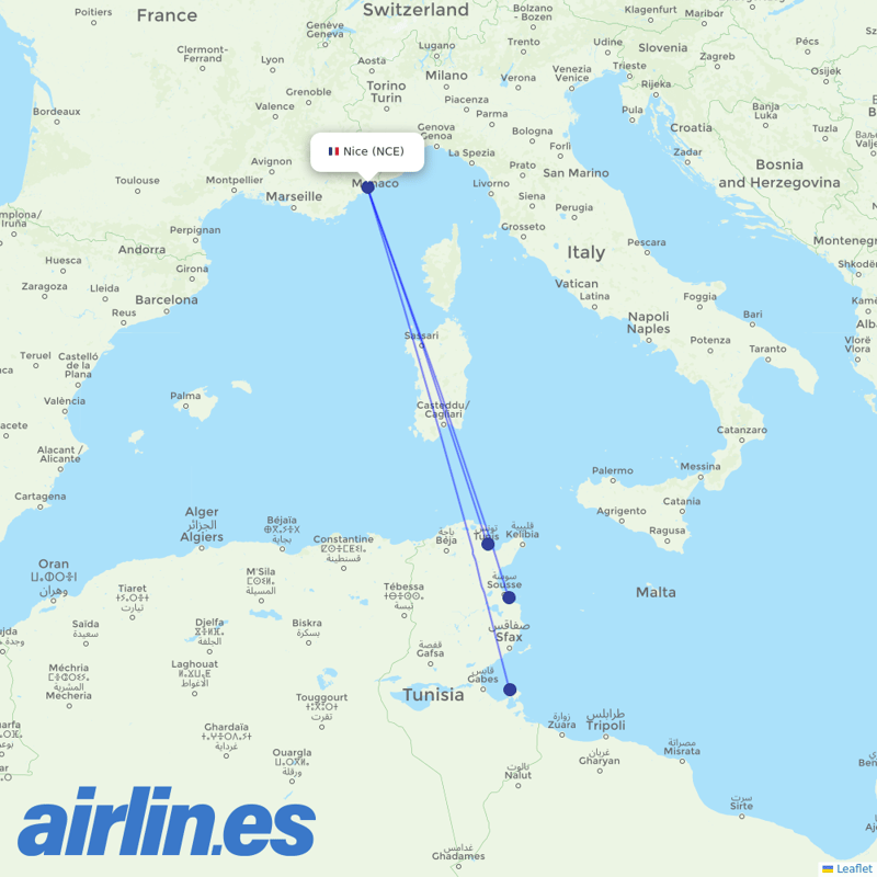 Tunisair from Cote D Azur Airport destination map