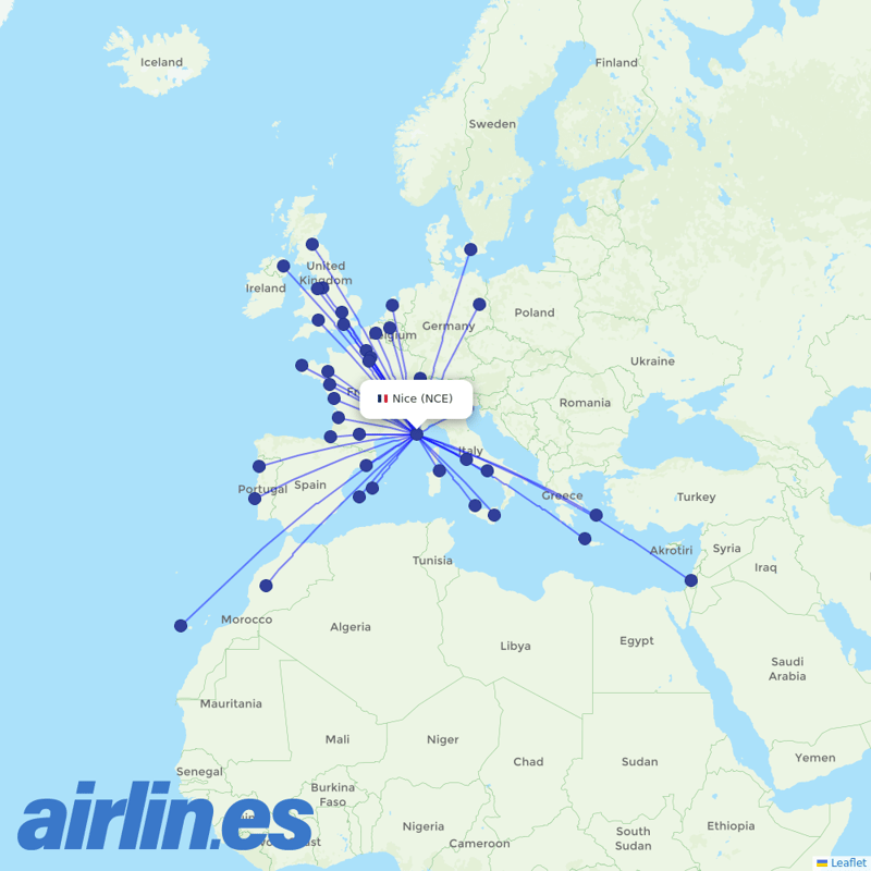 easyJet from Cote D Azur Airport destination map
