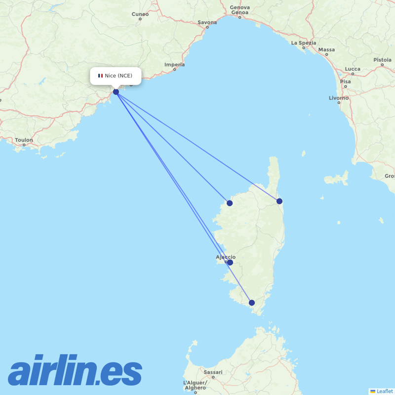 Air Corsica from Cote D Azur Airport destination map