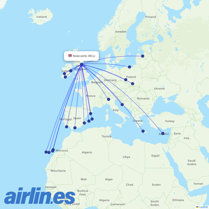Ryanair from Newcastle International Airport destination map