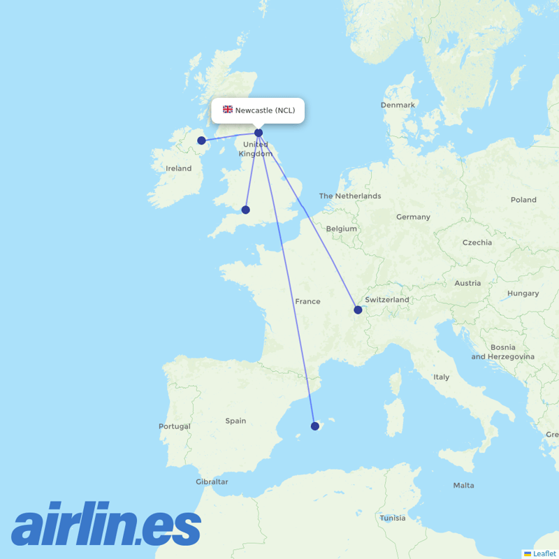 easyJet from Newcastle International Airport destination map