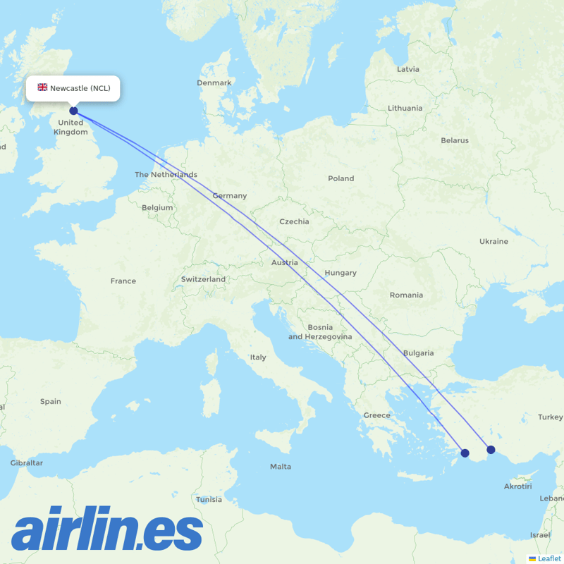 Corendon Airlines from Newcastle International Airport destination map