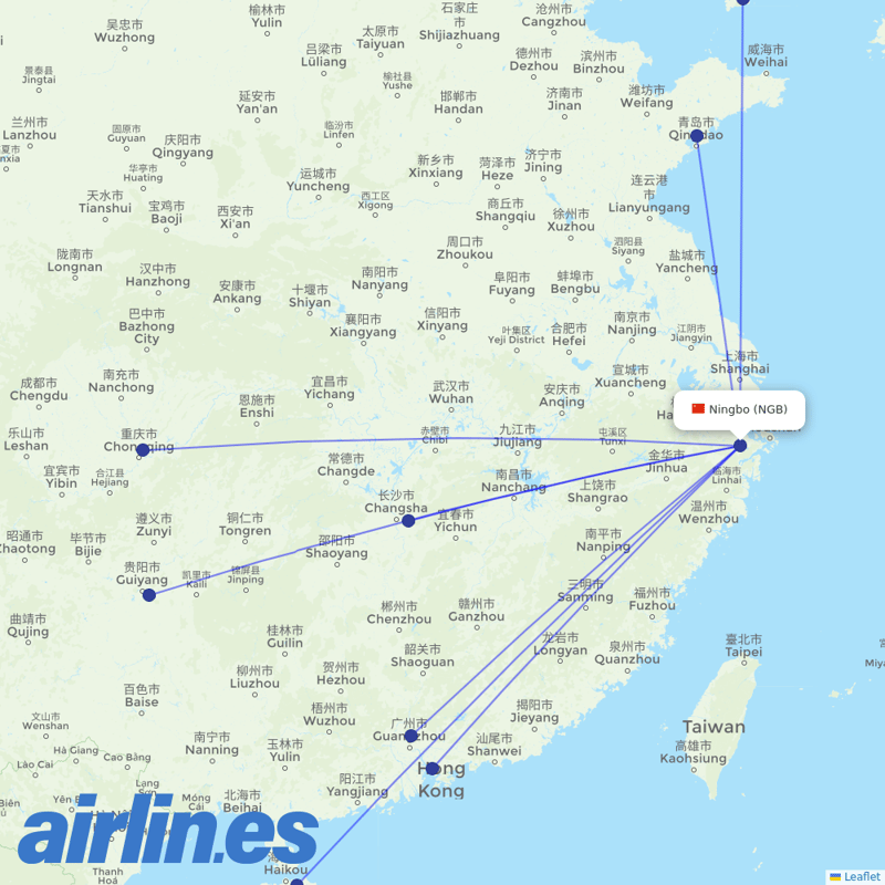 Hainan Airlines from Ningbo Lishe International Airport destination map