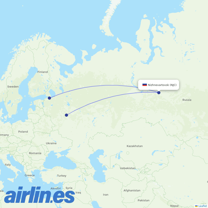 Aeroflot from Nizhnevartovsk destination map