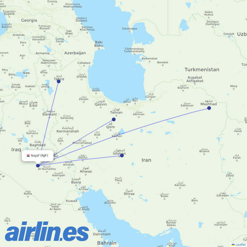 Iran Airtour from Al Najaf International Airport destination map