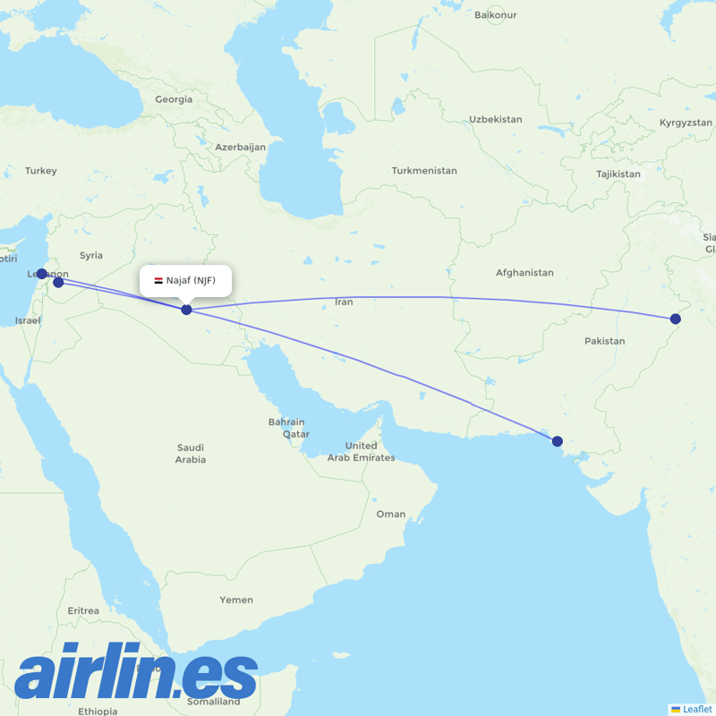 Fly Baghdad from Al Najaf International Airport destination map