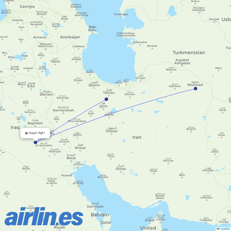 Iran Air from Al Najaf International Airport destination map