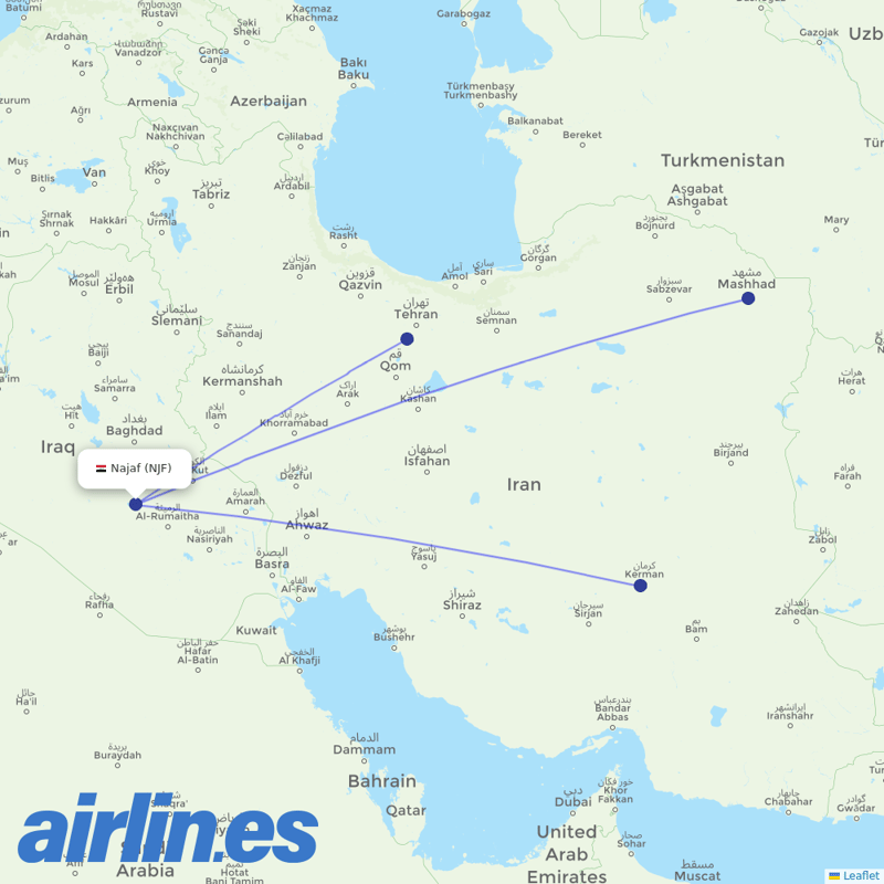 Qeshm Air from Al Najaf International Airport destination map