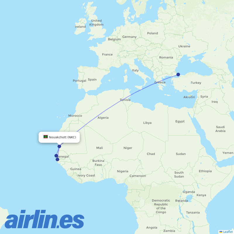 Turkish Airlines from Nouakchott International Airport destination map