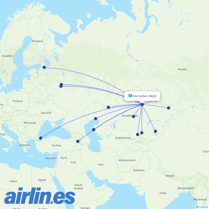 SCAT Airlines from Nursultan Nazarbayev destination map
