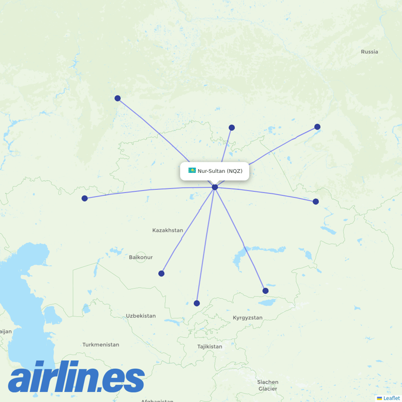 Qazaq Air from Nursultan Nazarbayev destination map