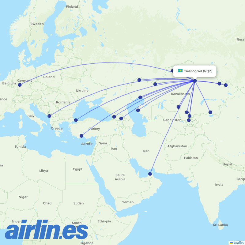 Air Astana from Nursultan Nazarbayev destination map