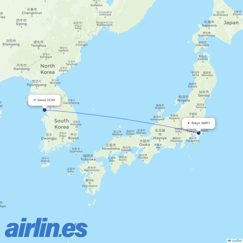 Asiana Airlines from Narita International Airport destination map