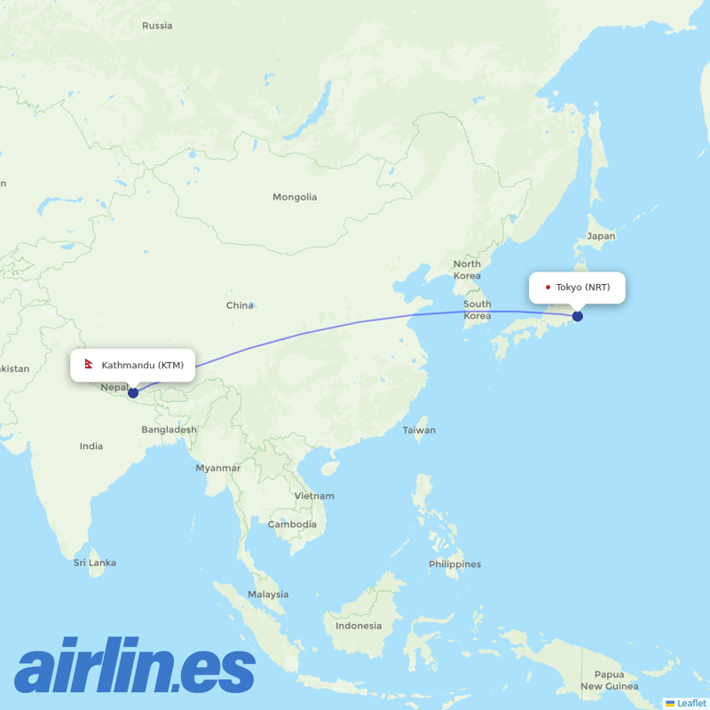 Nepal Airlines from Narita International Airport destination map