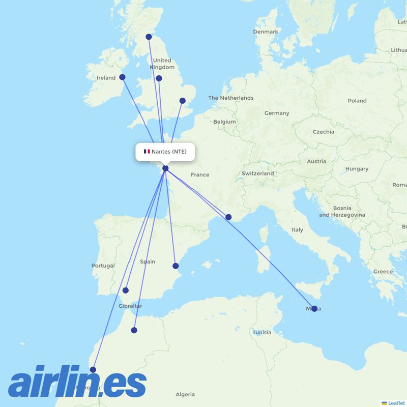 Ryanair from Nantes Airport destination map