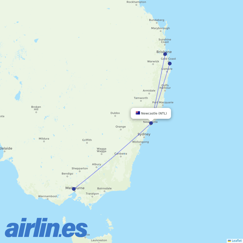 Jetstar from Newcastle Airport destination map