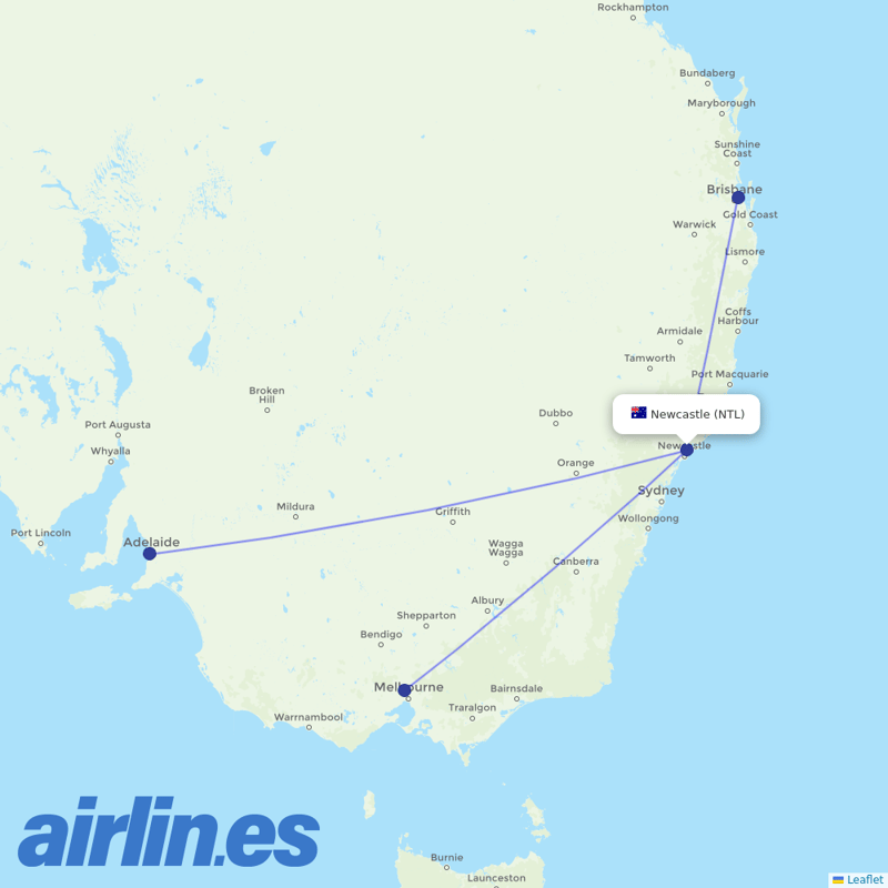 Qantas from Newcastle Airport destination map