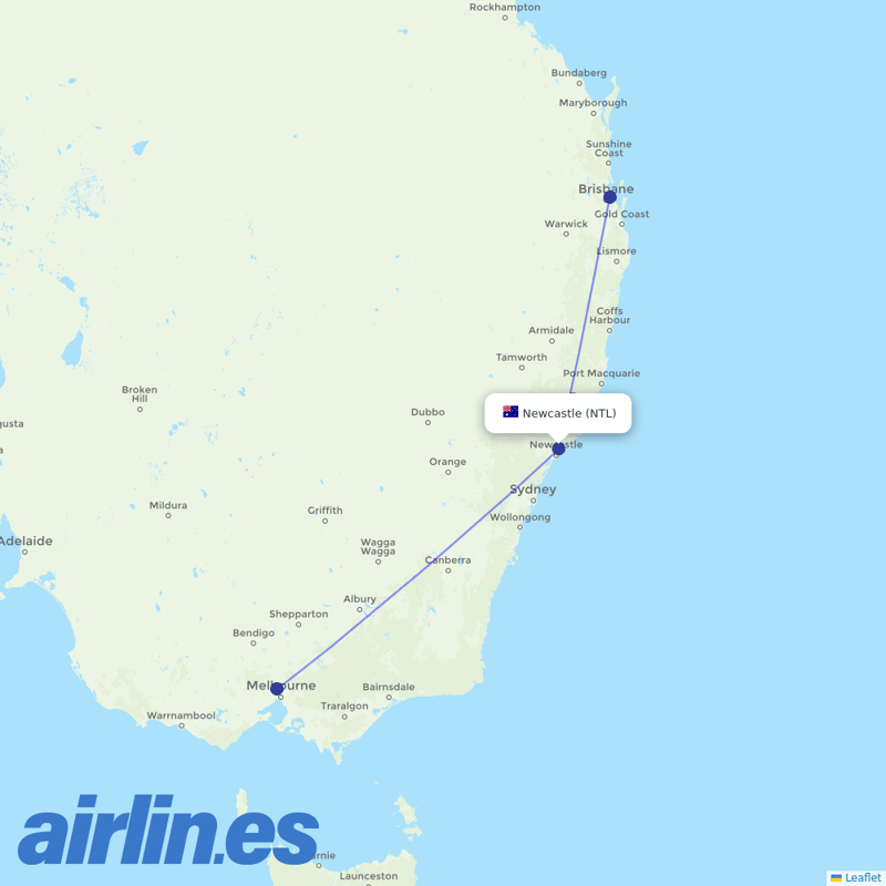 Virgin Australia from Newcastle Airport destination map