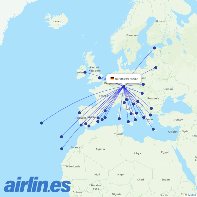 Ryanair from Nuremberg Airport destination map