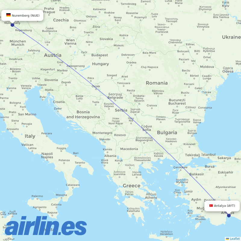 Corendon Airlines from Nuremberg Airport destination map