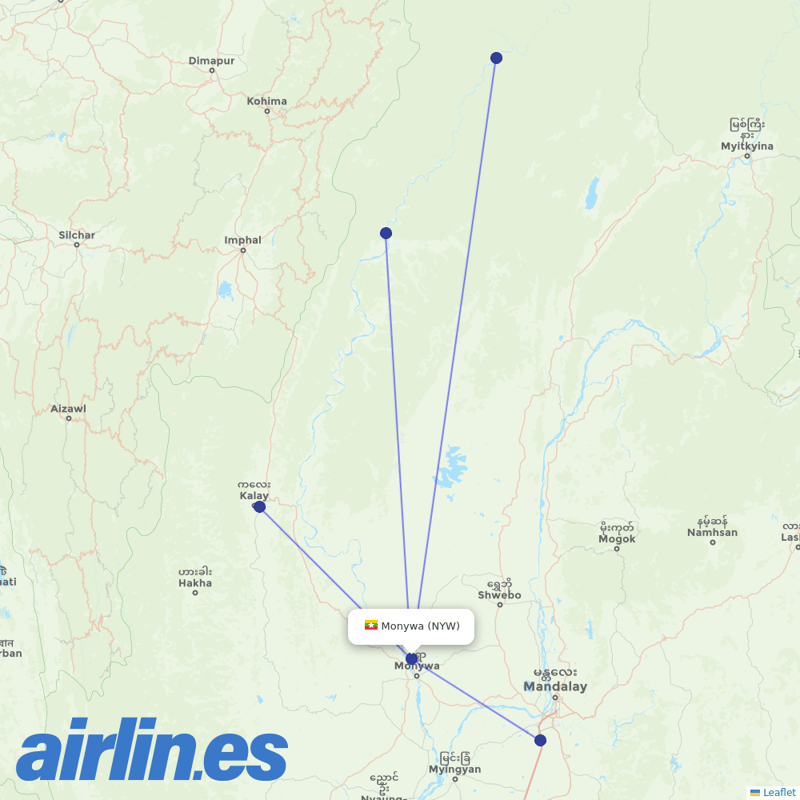 Myanmar National Airlines from Monywa Airport destination map