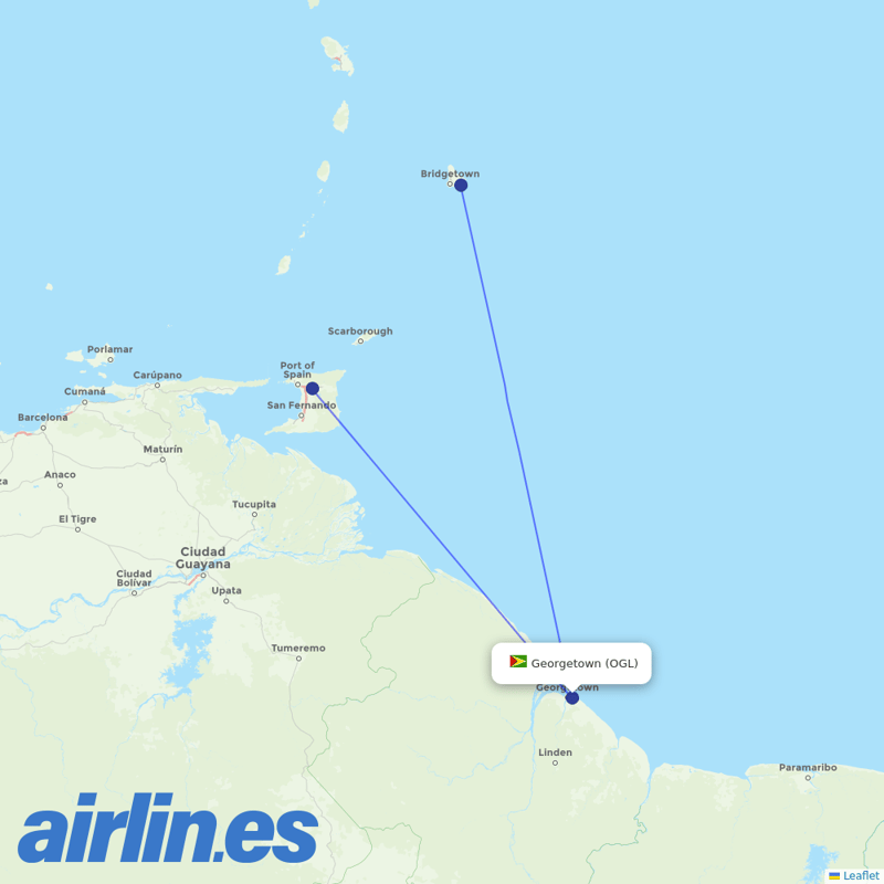 Caribbean Airlines from Ogle destination map