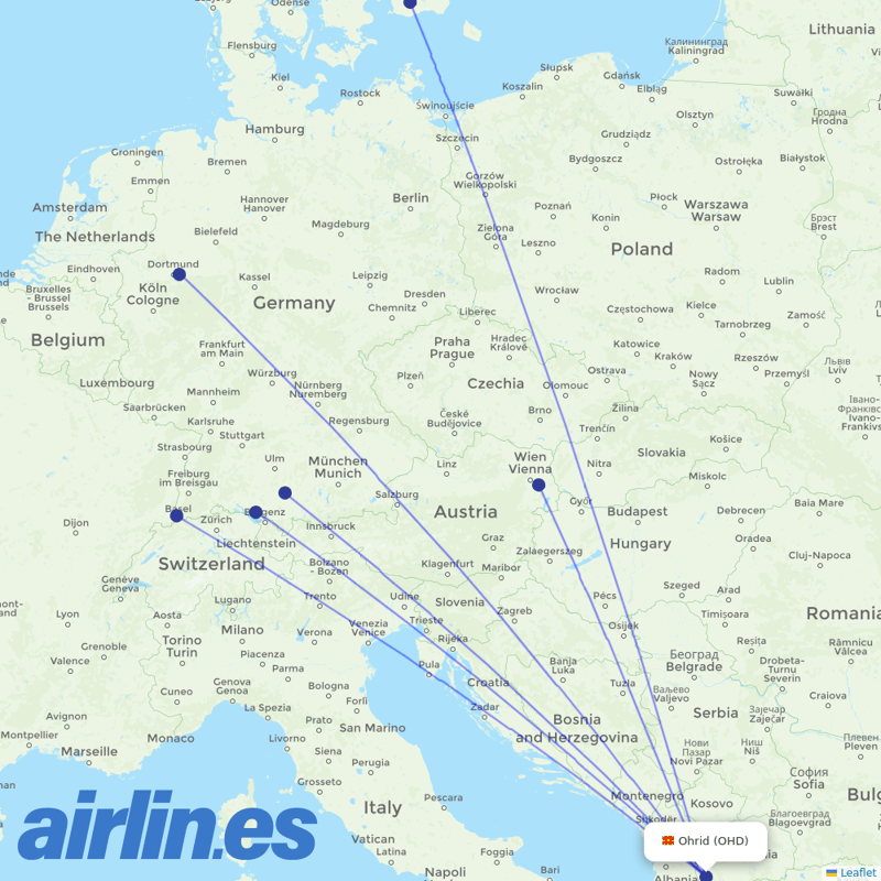 Wizz Air from Ohrid destination map