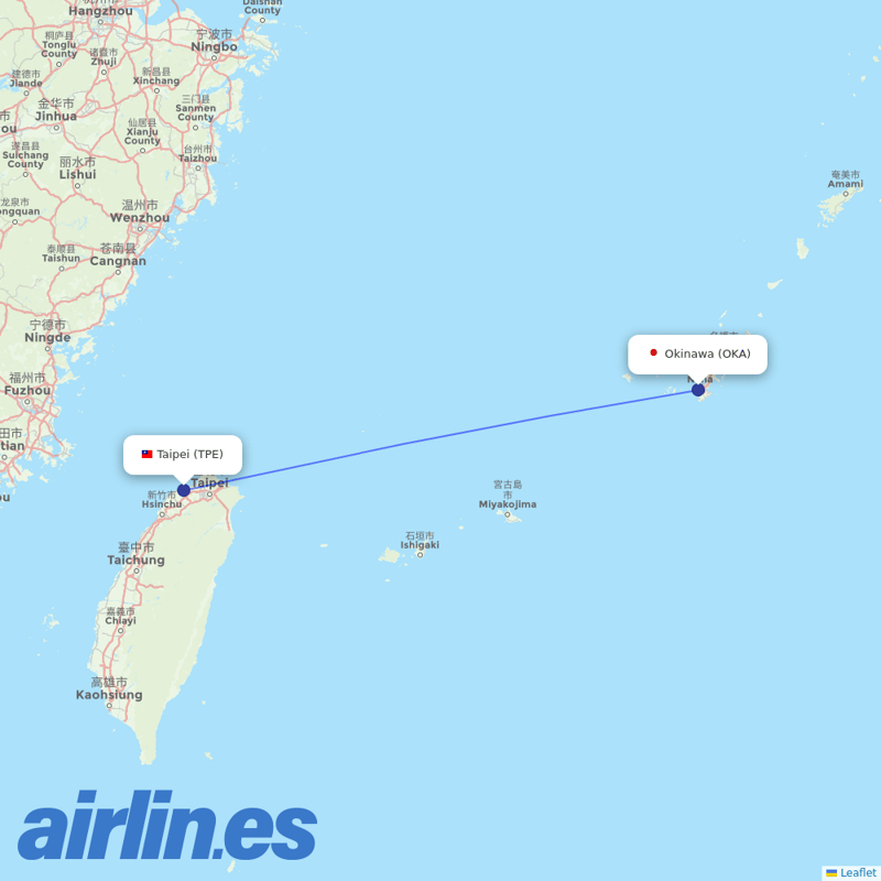 Tigerair Taiwan from Okinawa destination map
