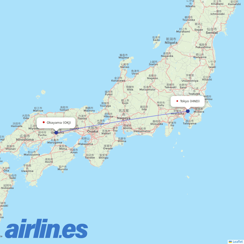 JAL from Okayama destination map