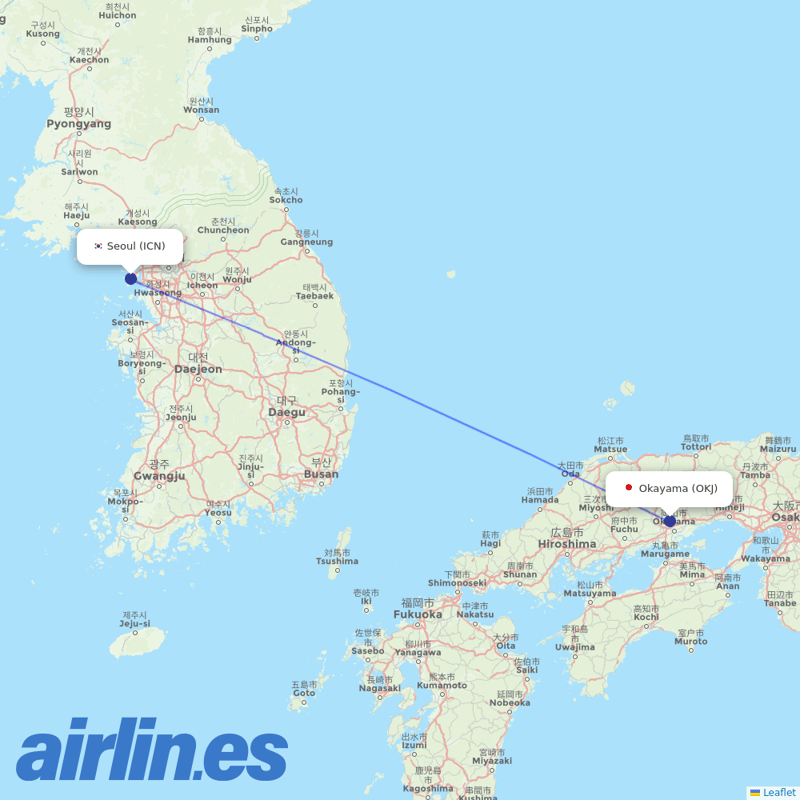 Korean Air from Okayama destination map