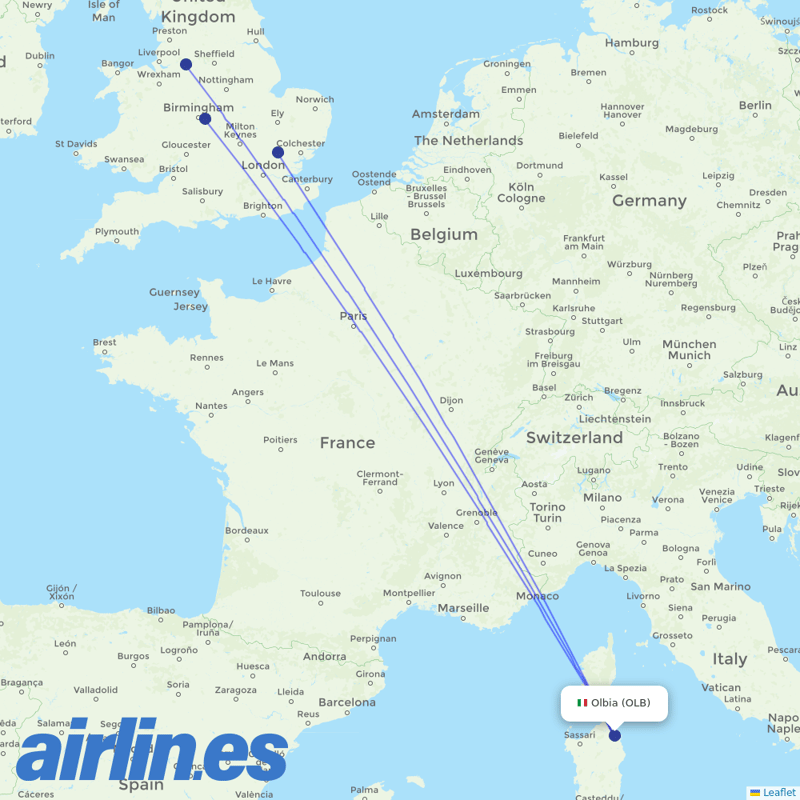Jet2 from Olbia Costa Smeralda Airport destination map