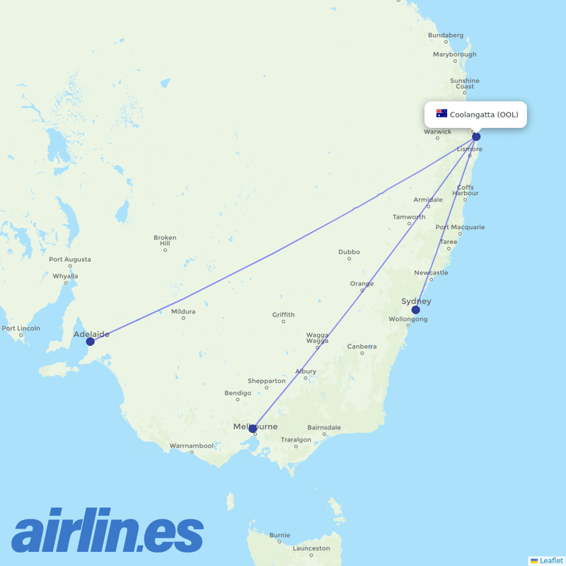 Qantas from Gold Coast Airport destination map