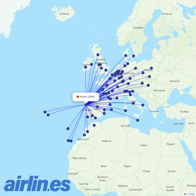 Ryanair from Porto Airport destination map