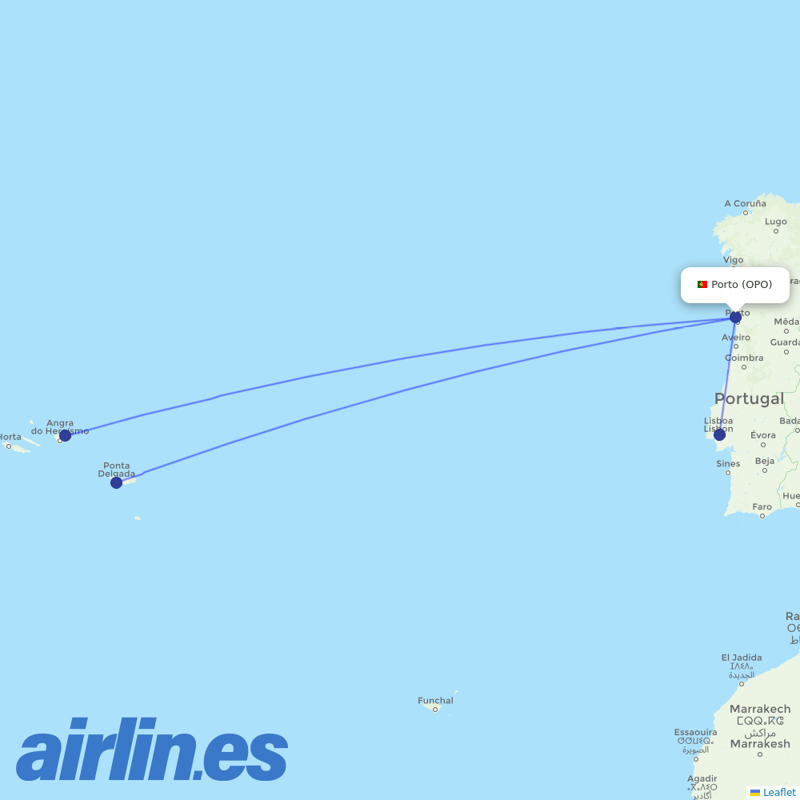 Azores Airlines from Porto Airport destination map