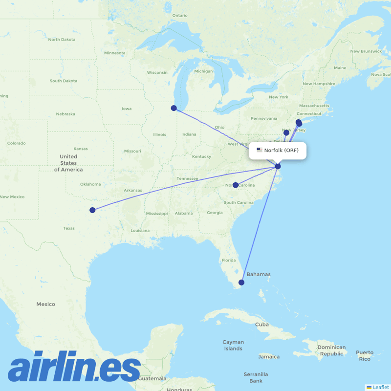 American Airlines from Norfolk International destination map