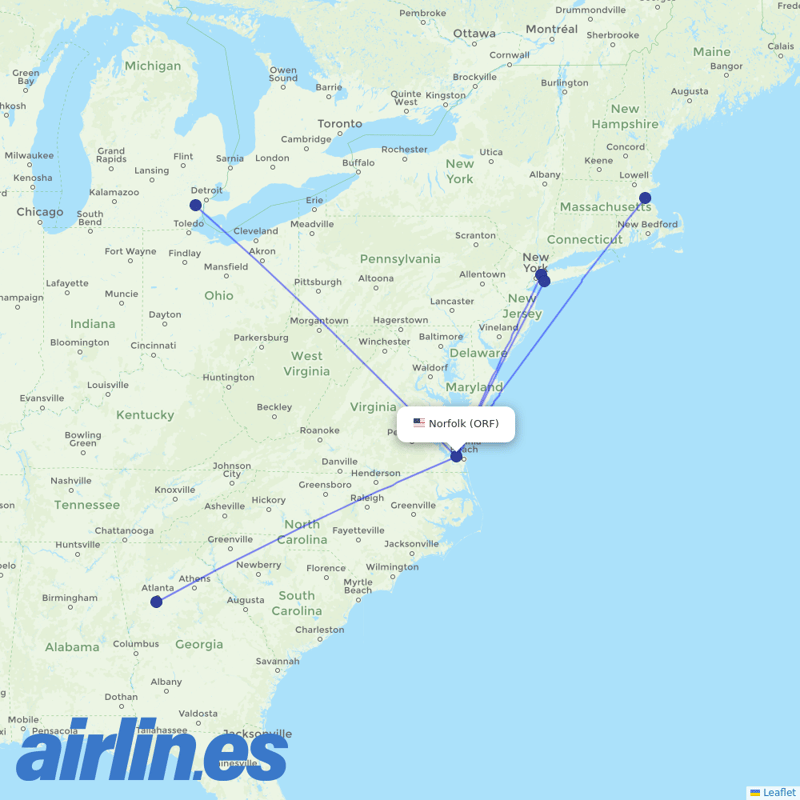 Delta Air Lines from Norfolk International destination map