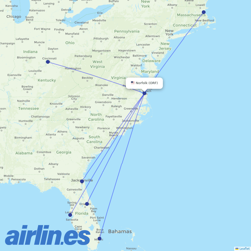 Allegiant Air from Norfolk International destination map