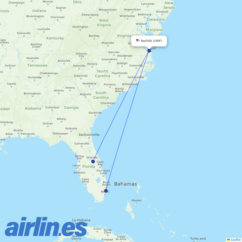 Spirit Airlines from Norfolk International destination map