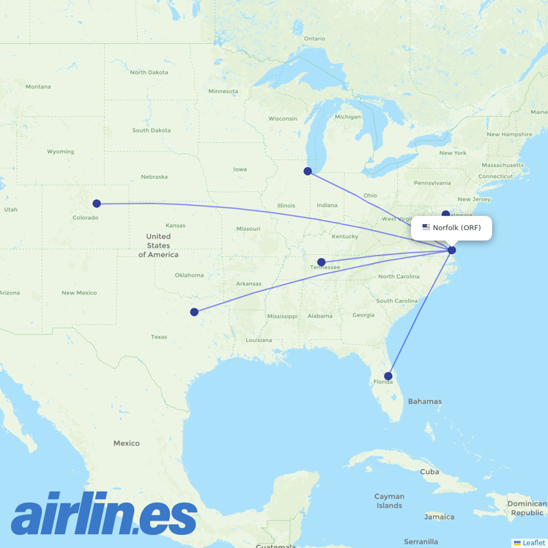 Southwest Airlines from Norfolk International destination map