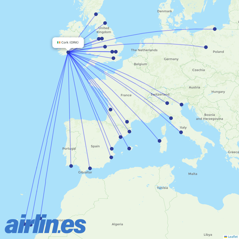 Ryanair from Cork destination map