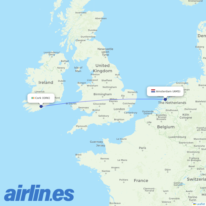 KLM from Cork destination map