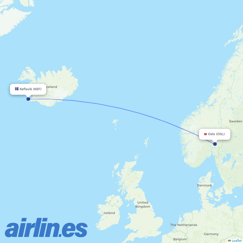 Icelandair from Oslo Gardermoen Airport destination map