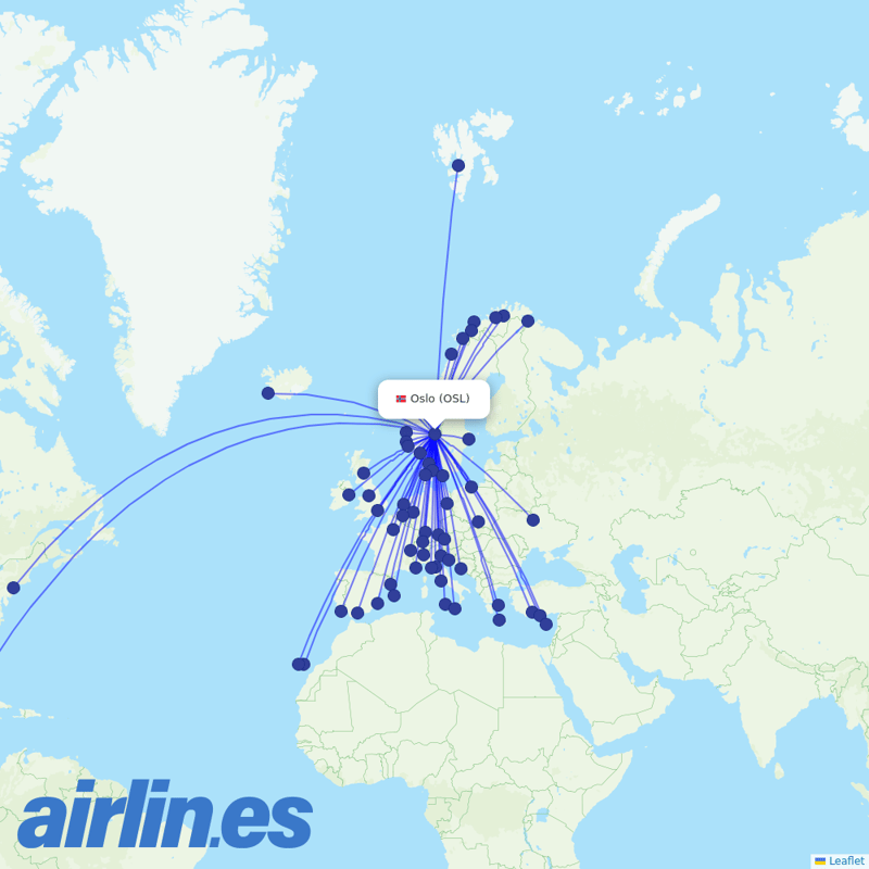 Scandinavian Airlines from Oslo Gardermoen Airport destination map