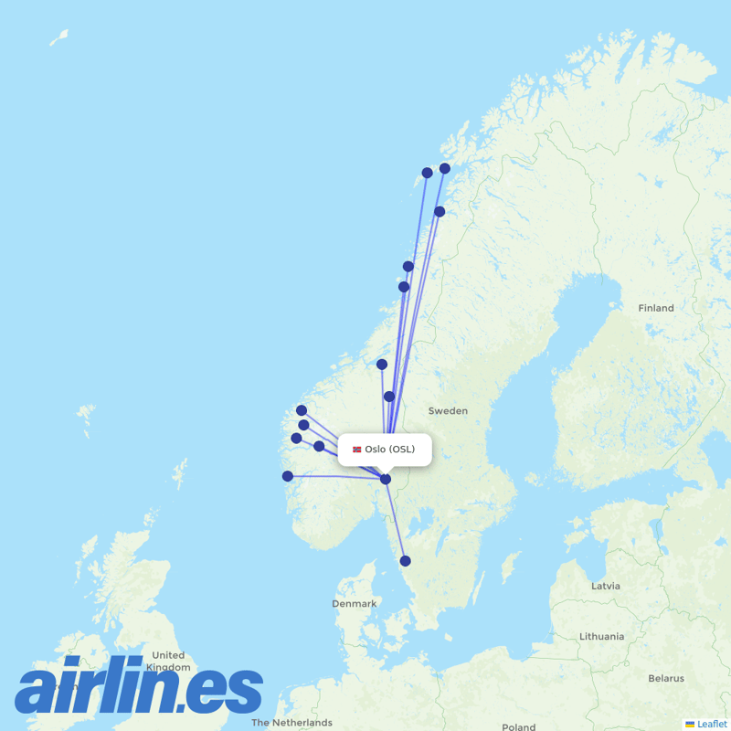Wideroe from Oslo Gardermoen Airport destination map