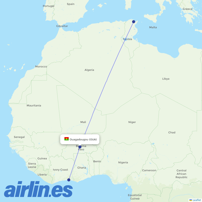 Tunisair from Ouagadougou destination map