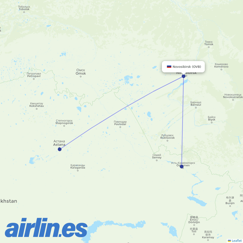 Qazaq Air from Tolmachevo Airport destination map