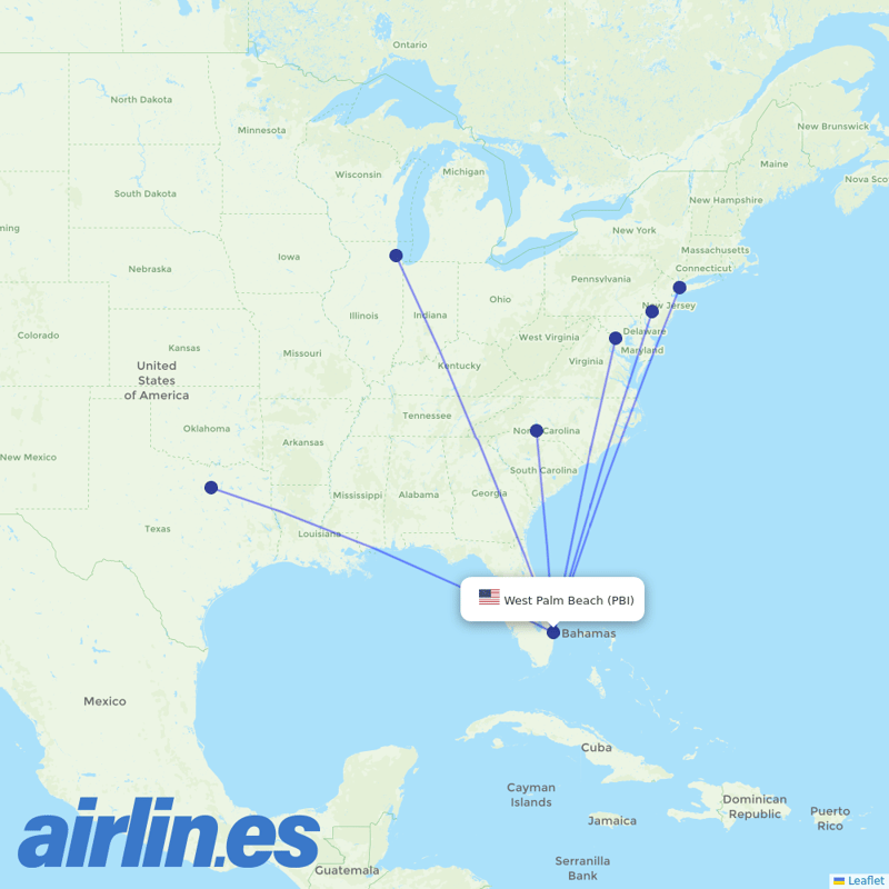 American Airlines from Palm Beach International destination map