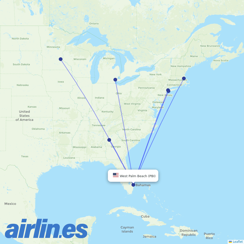 Delta Air Lines from Palm Beach International destination map