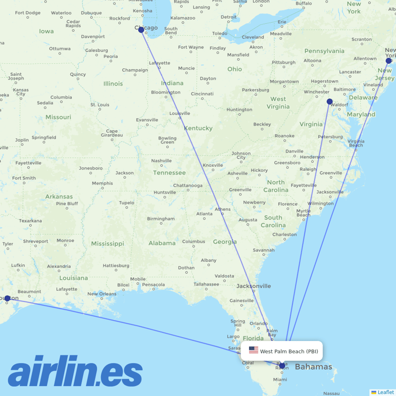 United Airlines from Palm Beach International destination map